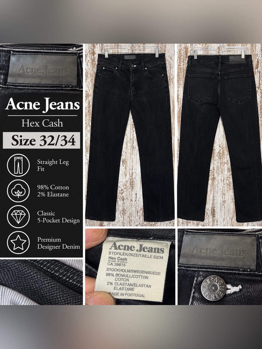Acne Studios Hex Cash Black Straight Leg Jeans Women’s 32/34 Made Portugal